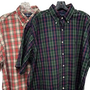 Lot of 2 Ralph Lauren Men L Short Sleeve Plaid Cotton Button Down Shirts Pony